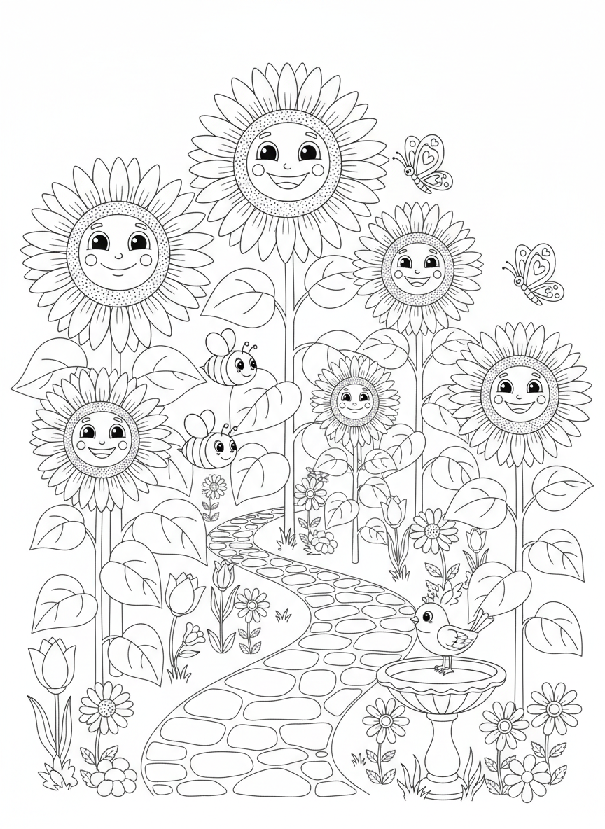 Whimsical Sunflower Garden Coloring Page
