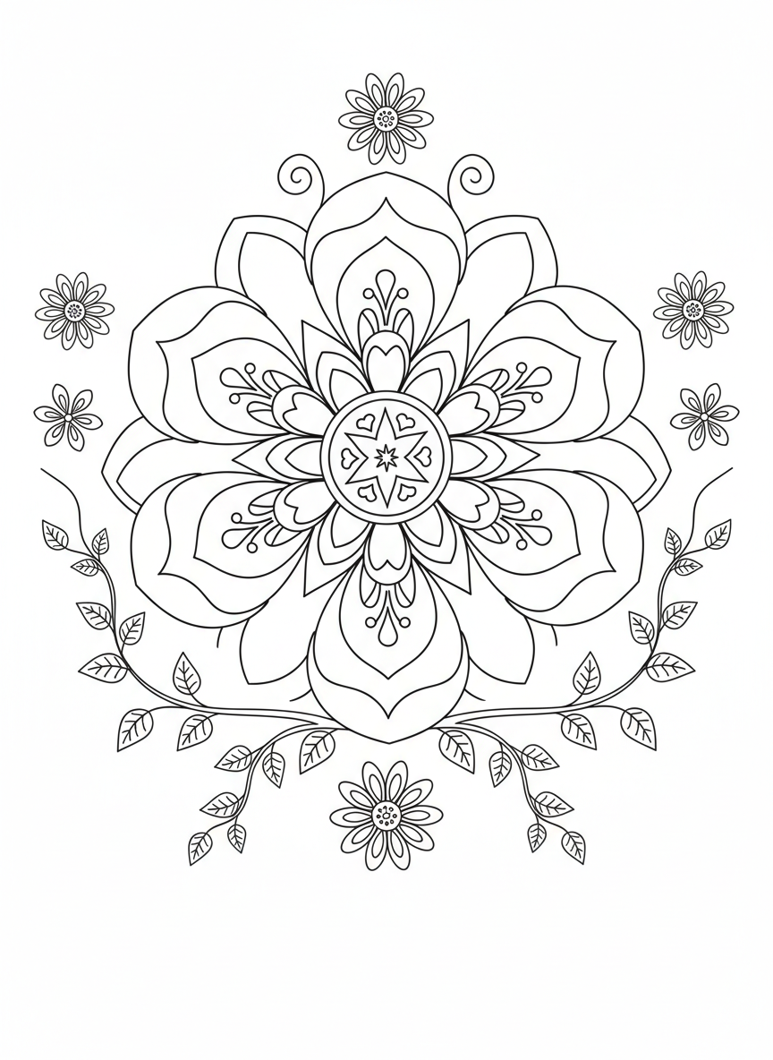Whimsical Symmetrical Flower Garden Coloring Page