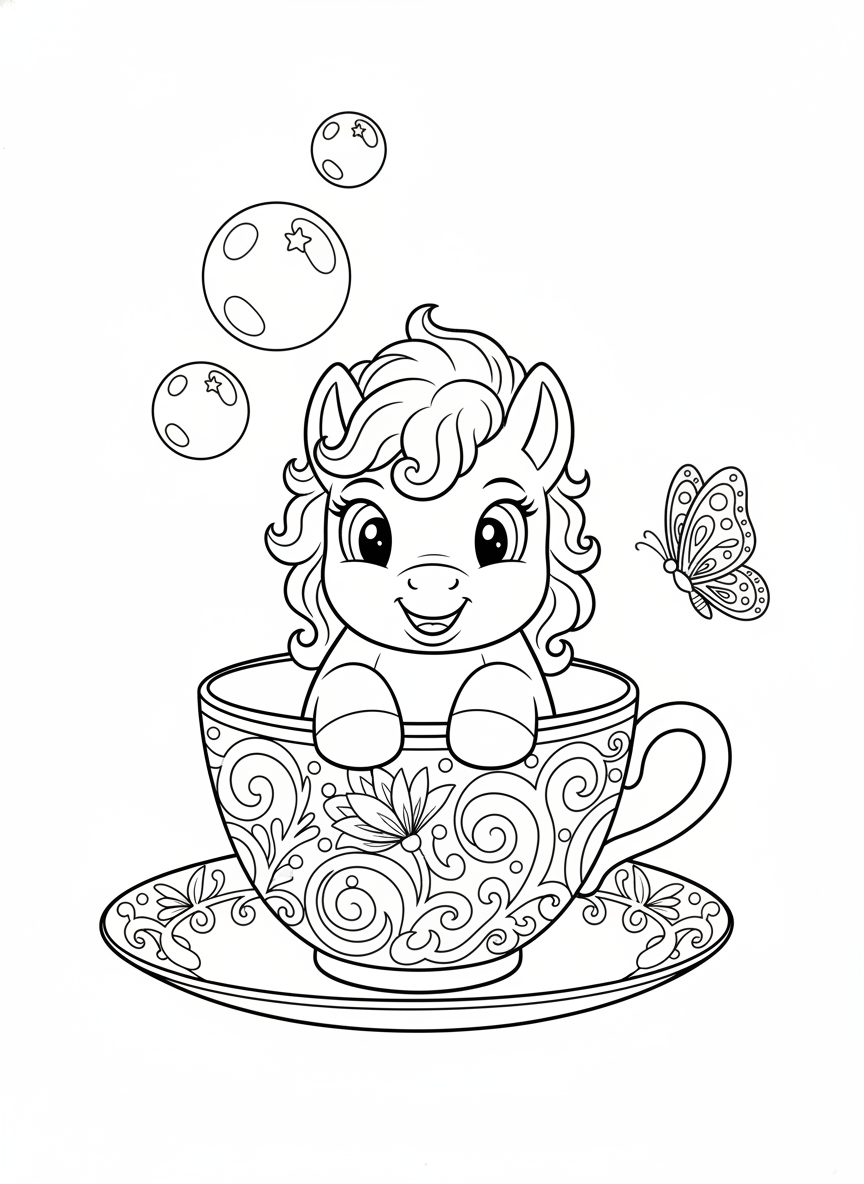 Playful Pony in a Teacup Coloring Page