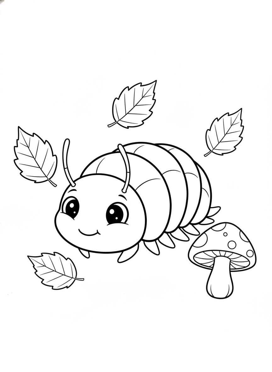 Cute Roly-Poly with Autumn Leaves and Mushrooms