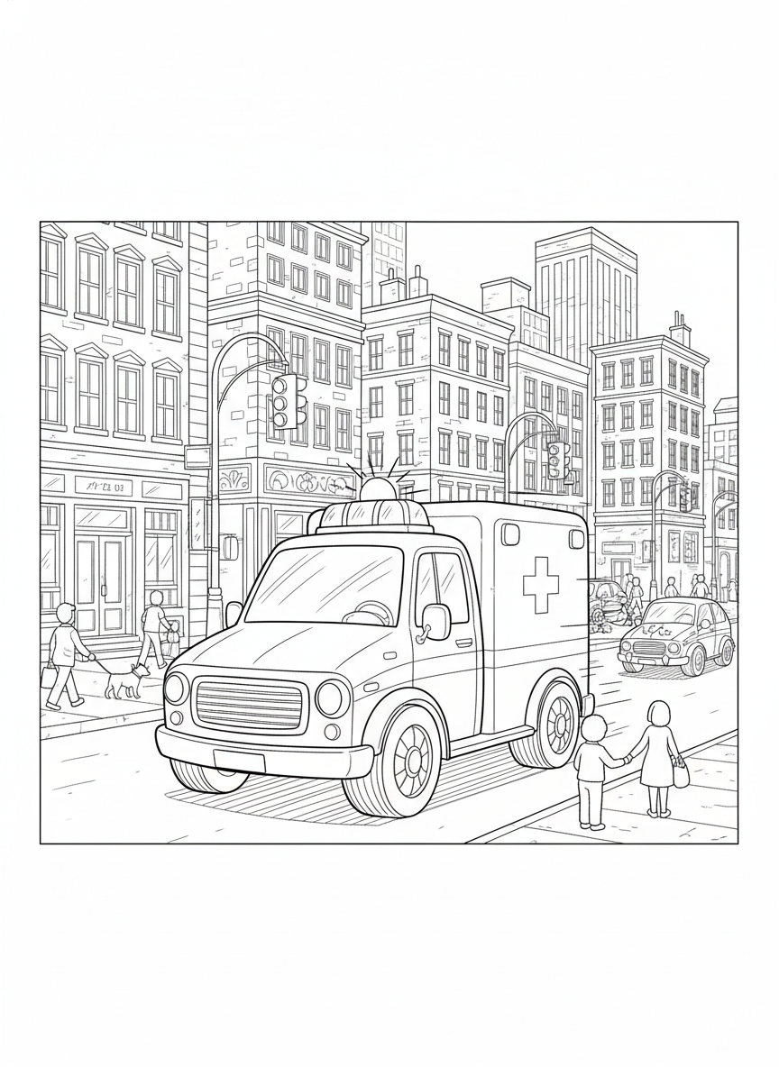 Action-Packed Ambulance City Rush Coloring Page for Kids