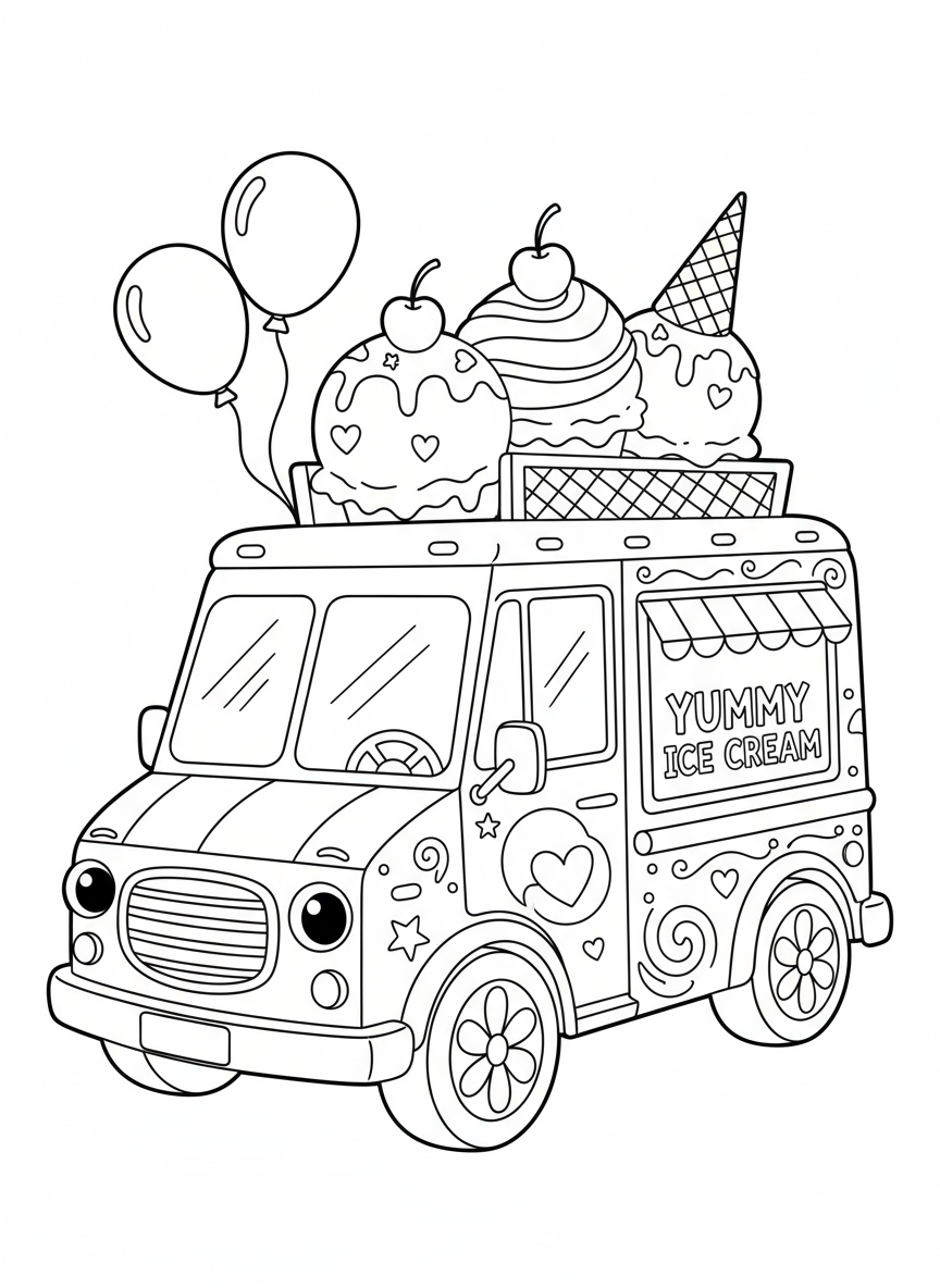 Adorable Ice Cream Truck Coloring Page for Kids