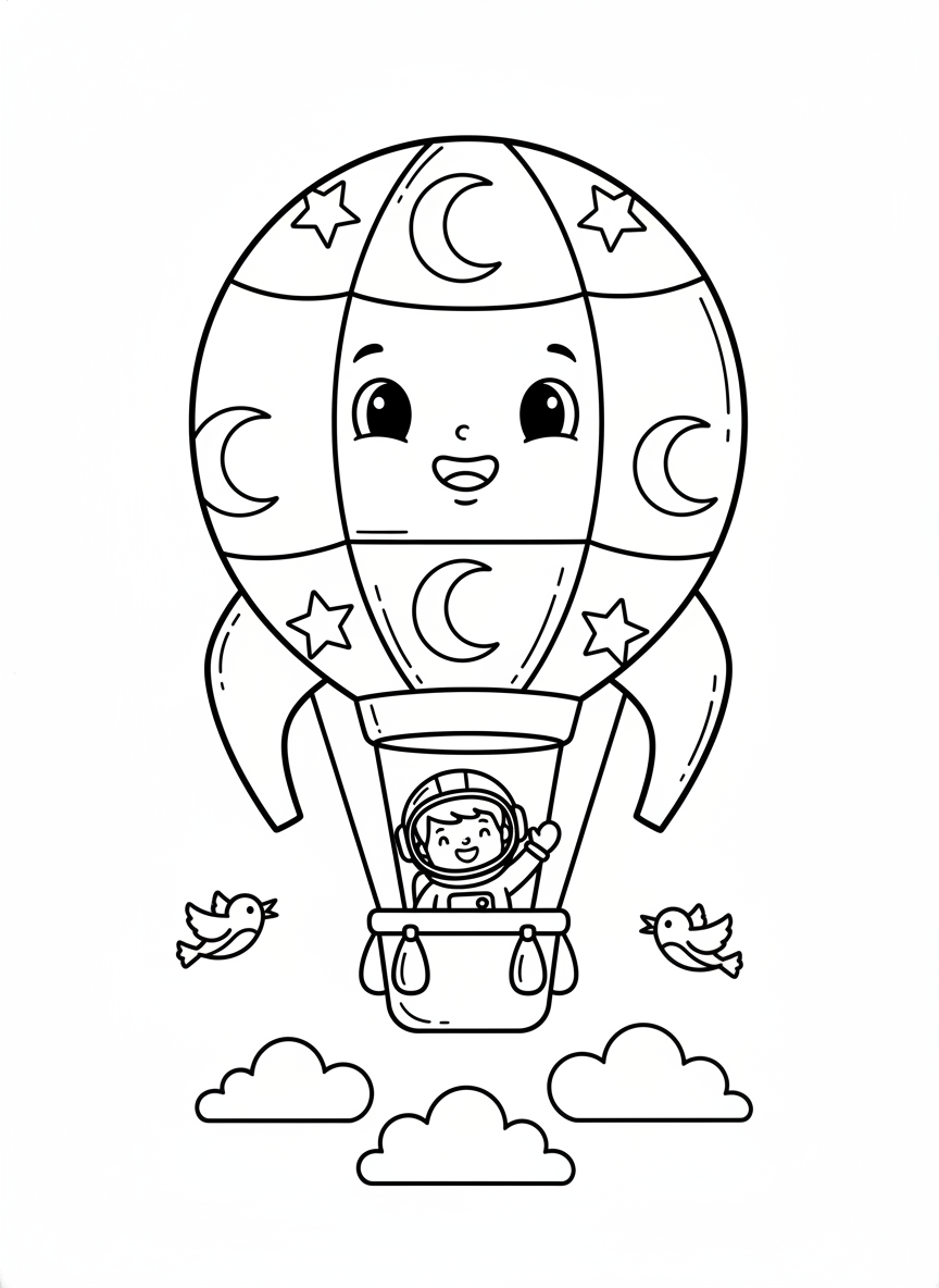 Astronaut Rocket-Balloon Adventure Coloring Page for Kids