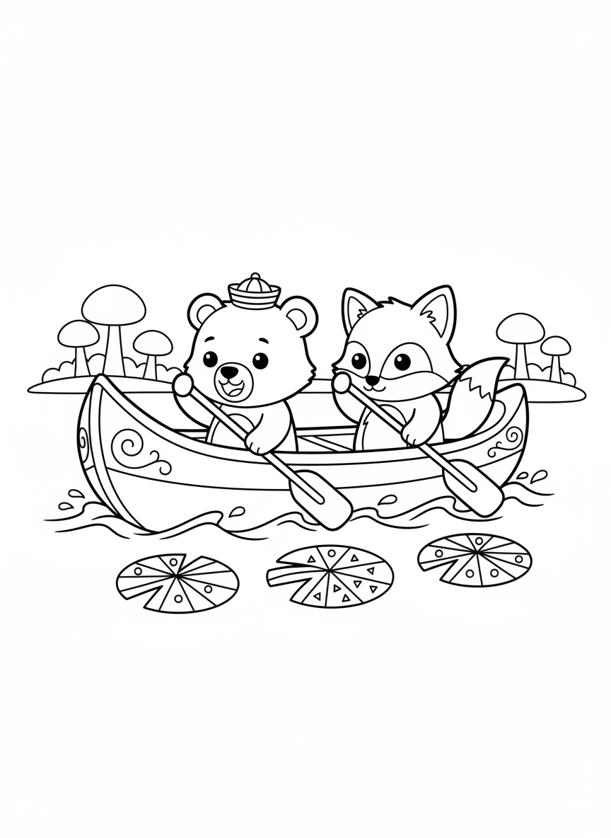 Bear & Fox Canoe Race Coloring Page