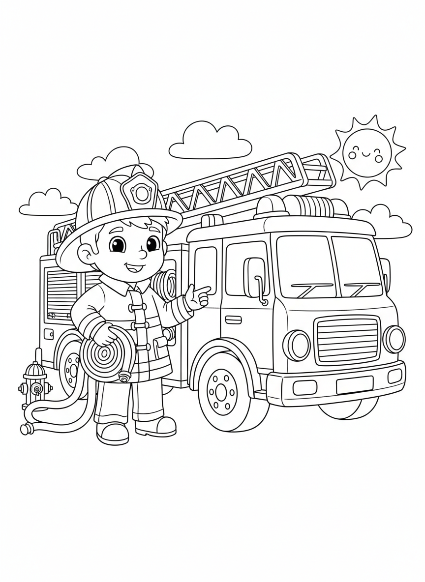 勇敢的消防員與友善消防車著色頁