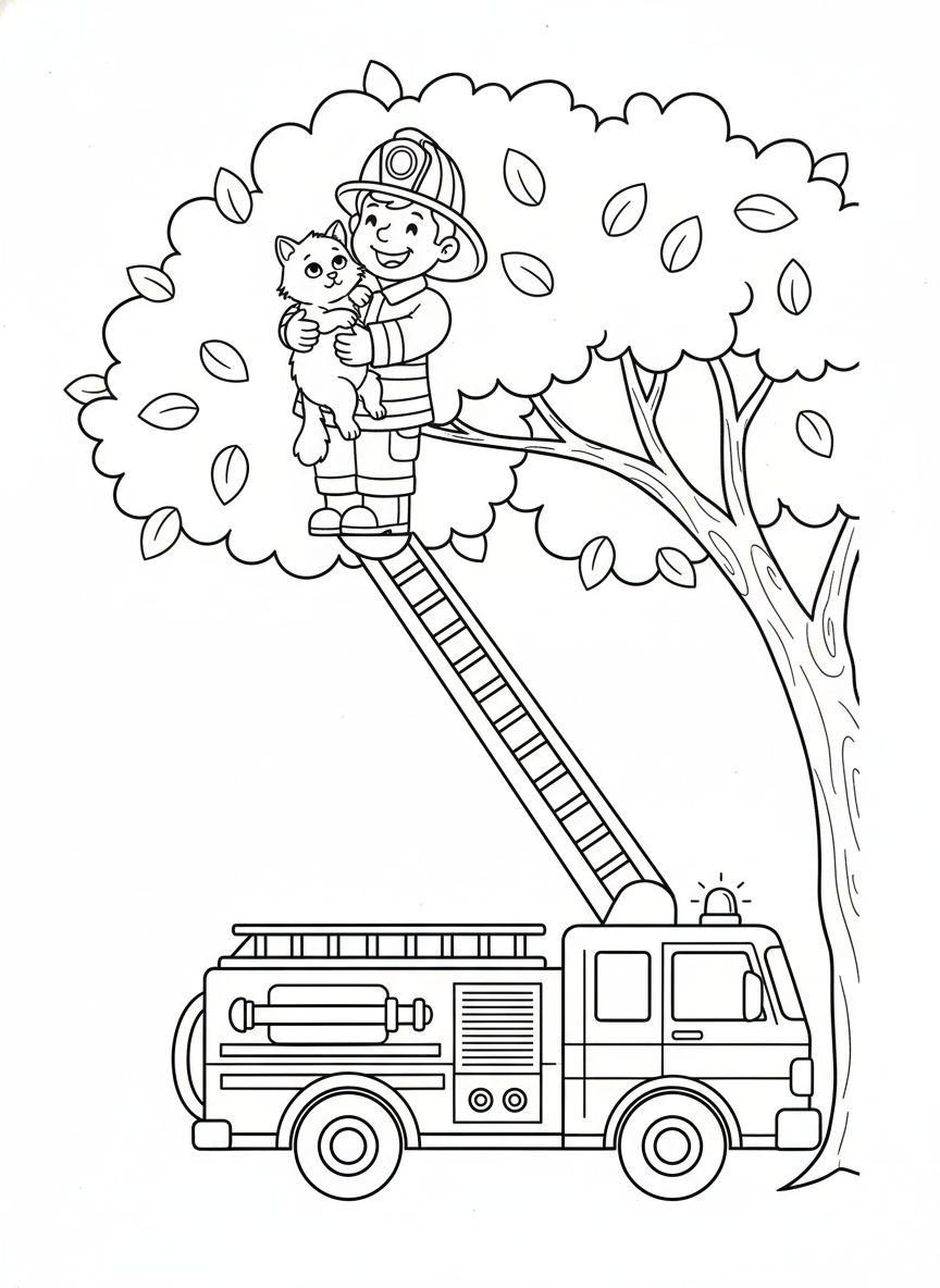 Brave Firefighter & Rescued Cat Coloring Page