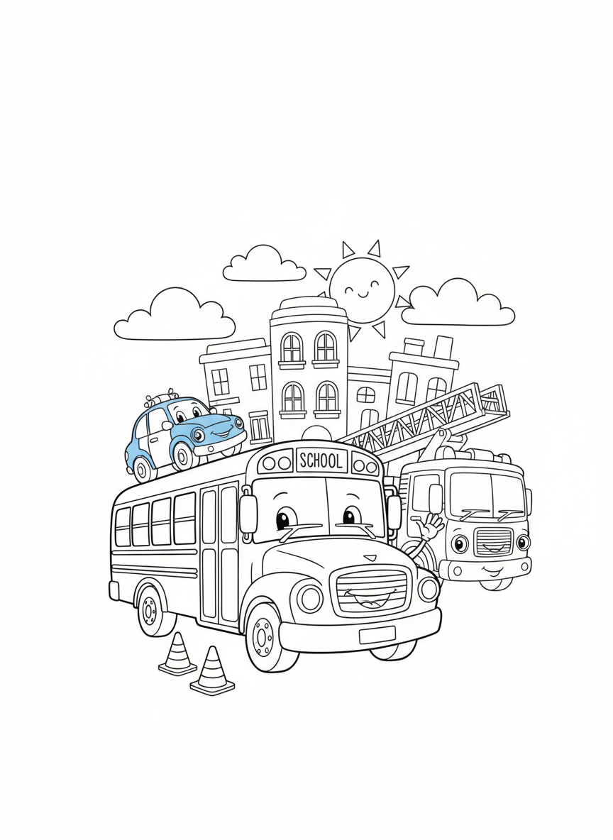 Bustling City Vehicle Fun Coloring Page for Kids
