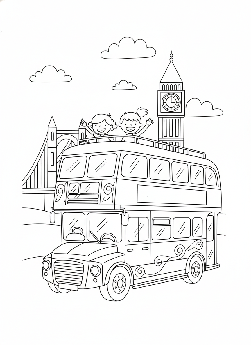 Charming Double-Decker Bus City Tour Coloring Page