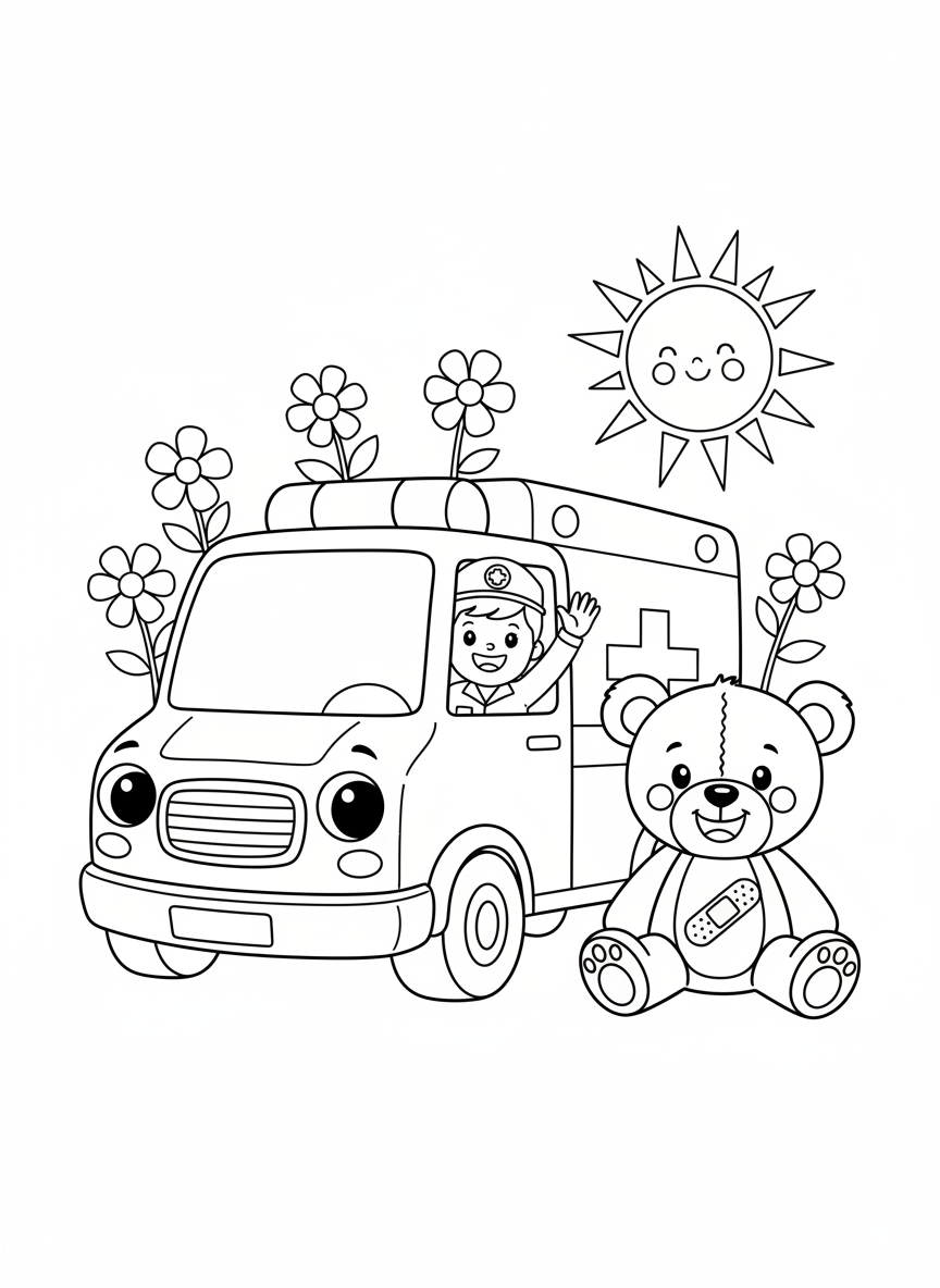 Cheerful Ambulance & Teddy Bear Coloring Page for Kids