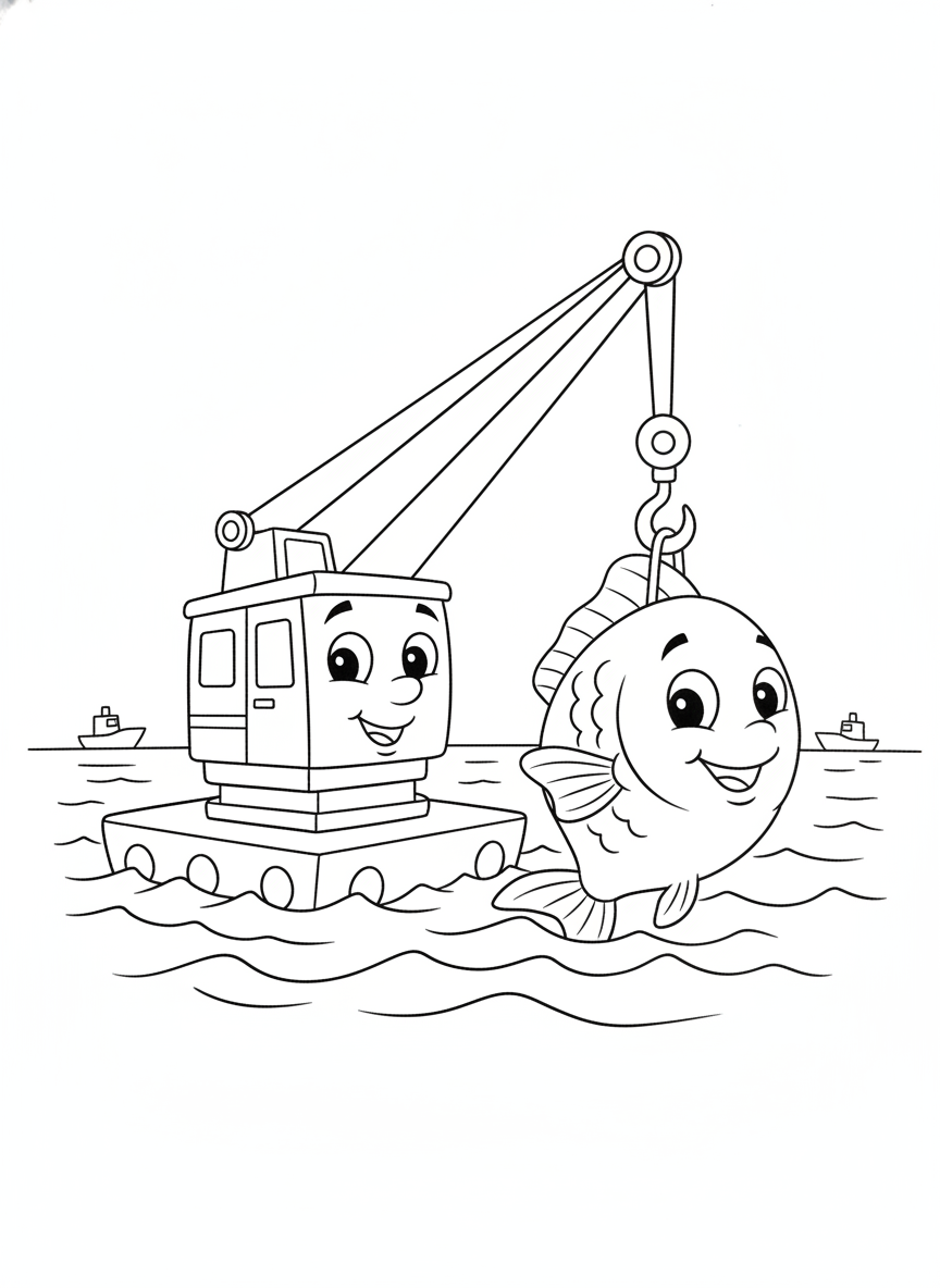 Cheerful Cartoon Floating Crane with a Happy Fish Coloring Page