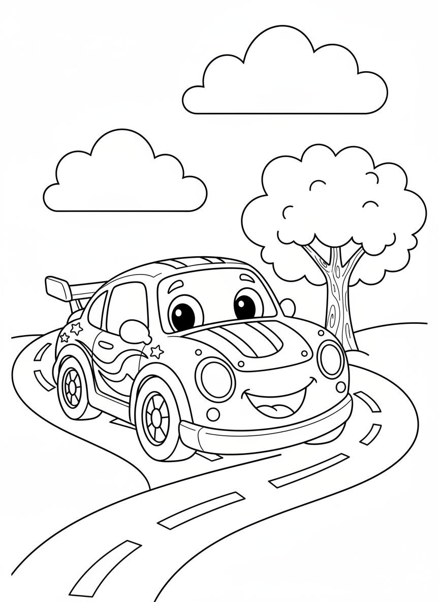 Cheerful Cartoon Race Car Adventure Coloring Page for Kids