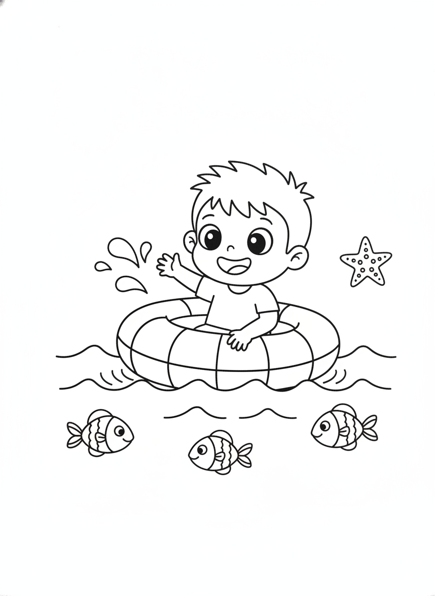 Cheerful Child in Inflatable Boat on Wavy Ocean with Fish