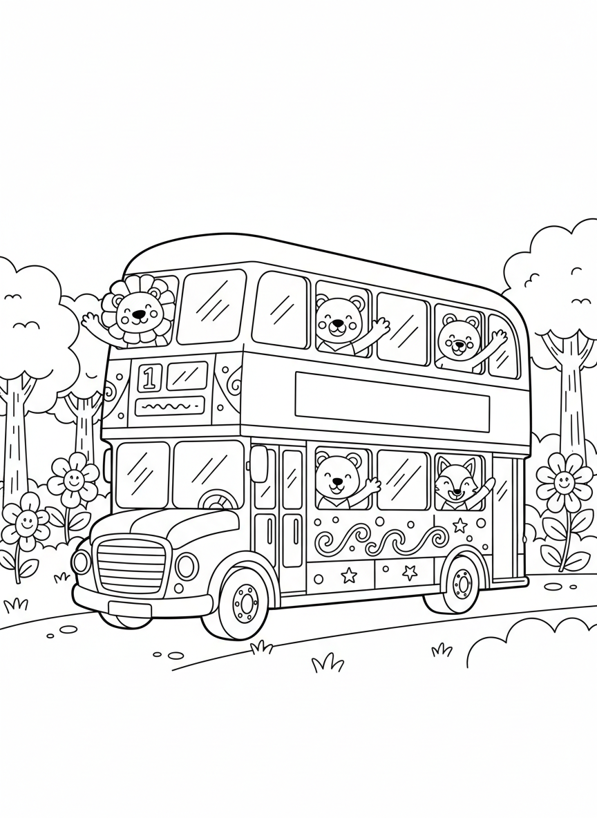 Cheerful Double-Decker Bus & Happy Animals Coloring Page