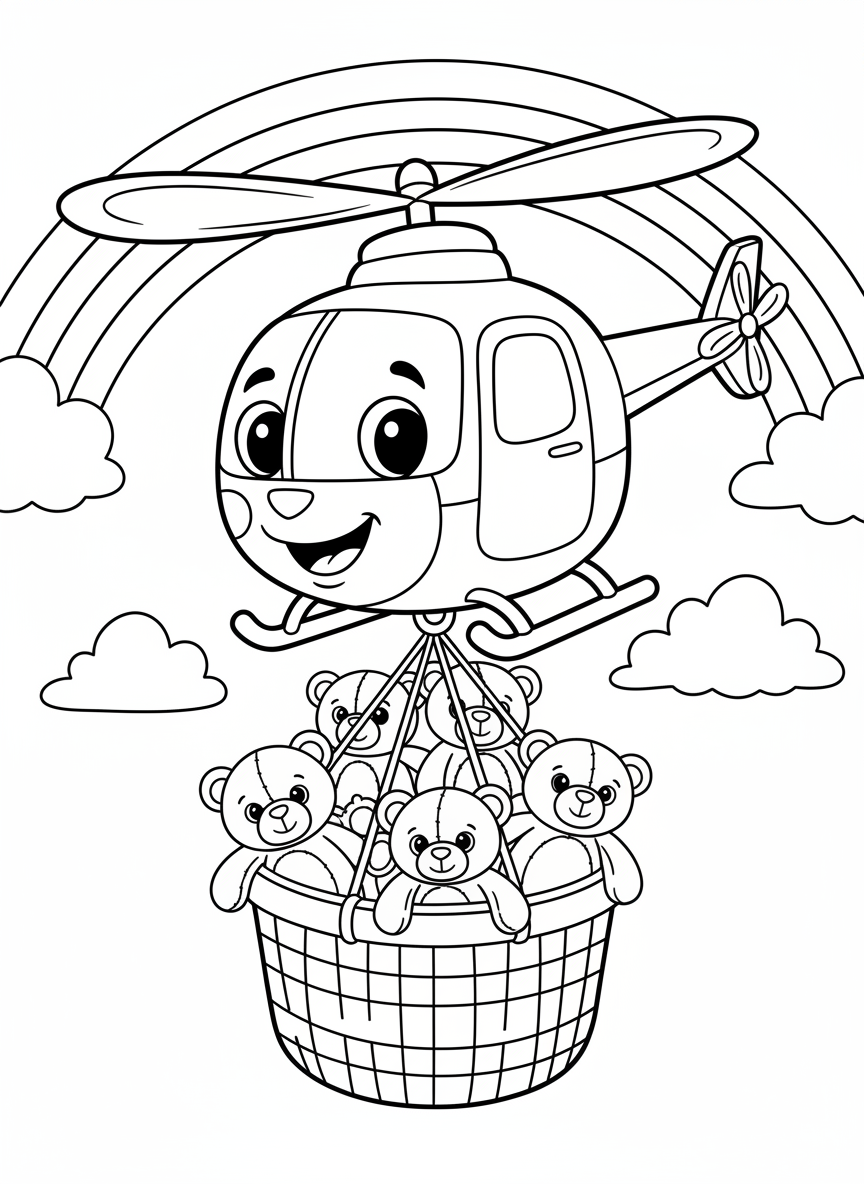 Cheerful Helicopter Carrying Teddy Bears Coloring Page