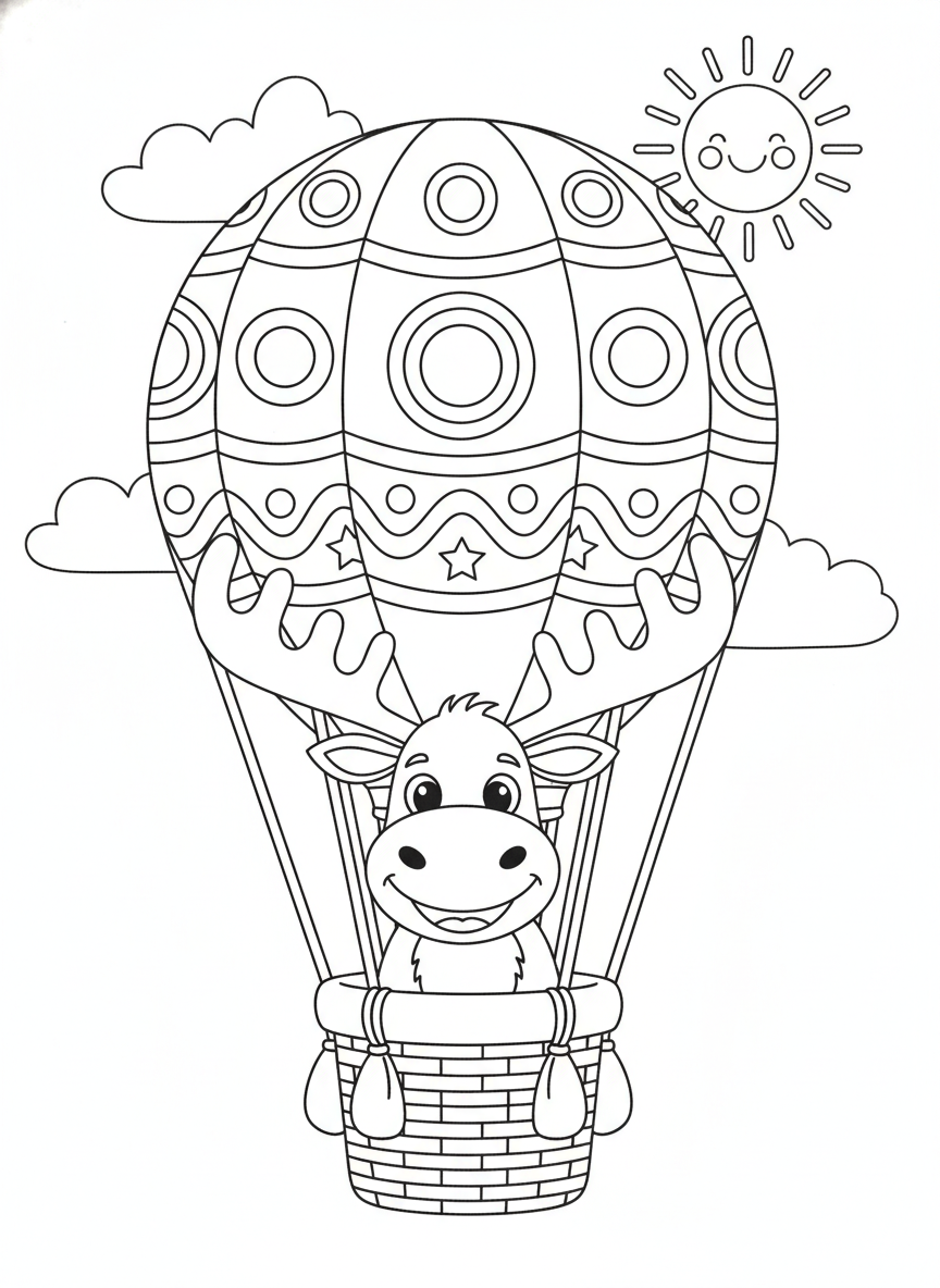 Cheerful Moose Adventure: Hot Air Balloon Coloring Page for Kids