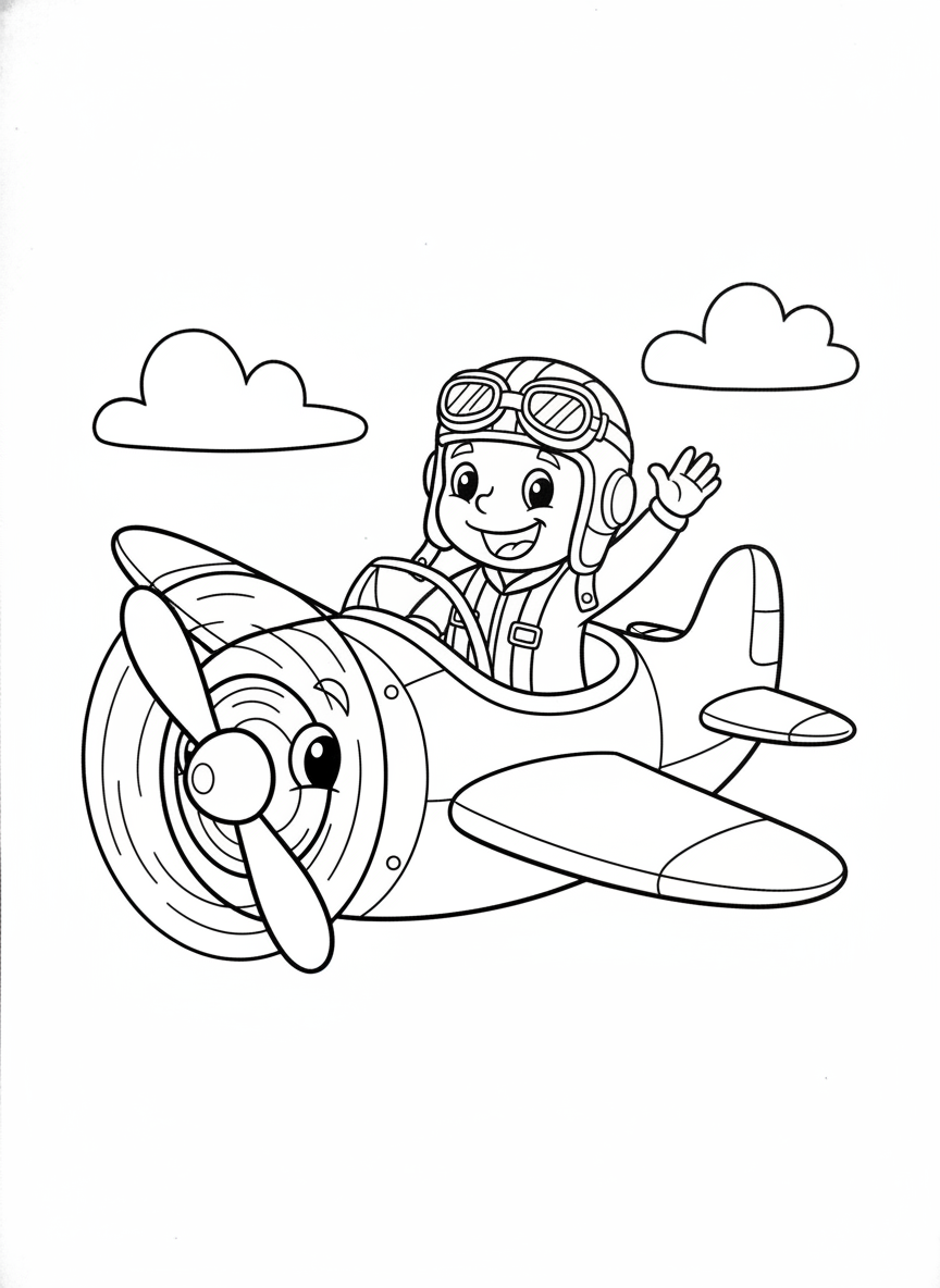 Cheerful Pilot Airplane Adventure Coloring Page for Kids