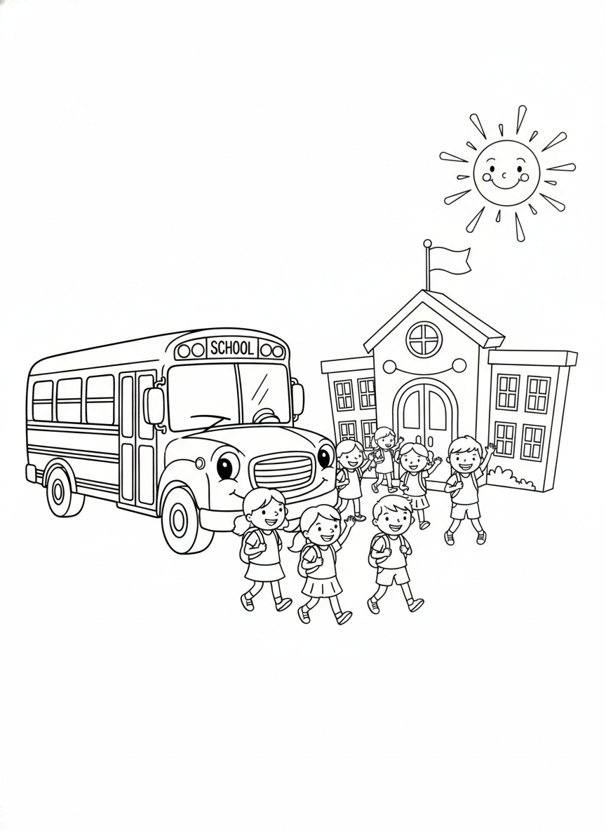 Cheerful School Bus & Happy Kids Coloring Page for Back to School