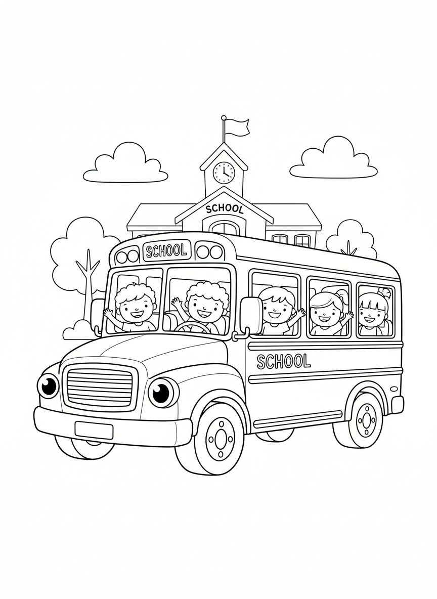 Cheerful School Bus & Happy Kids Coloring Page