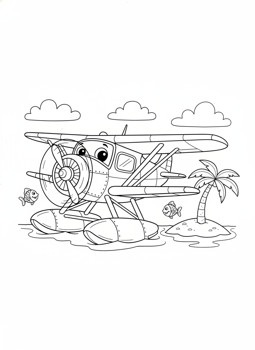 Cheerful Seaplane Adventure Coloring Page