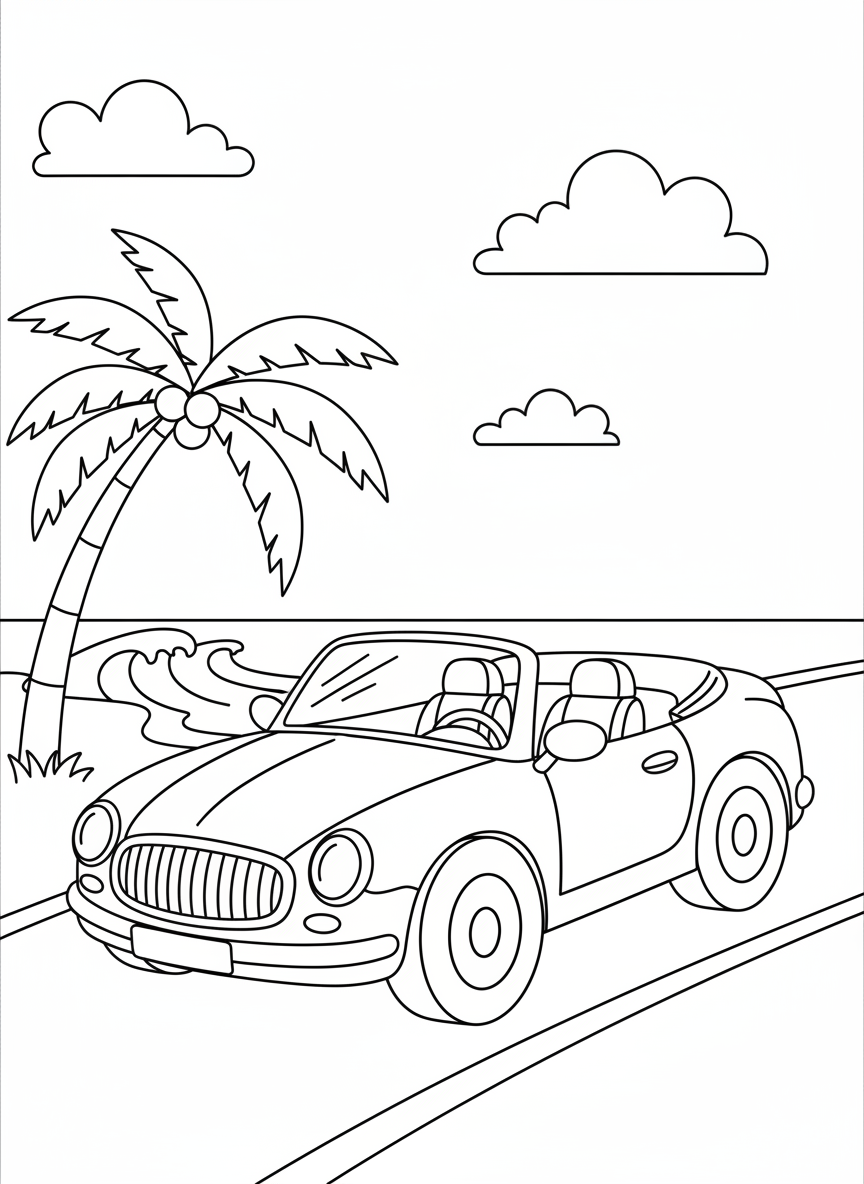 Convertible Driving to Beach Coloring Page