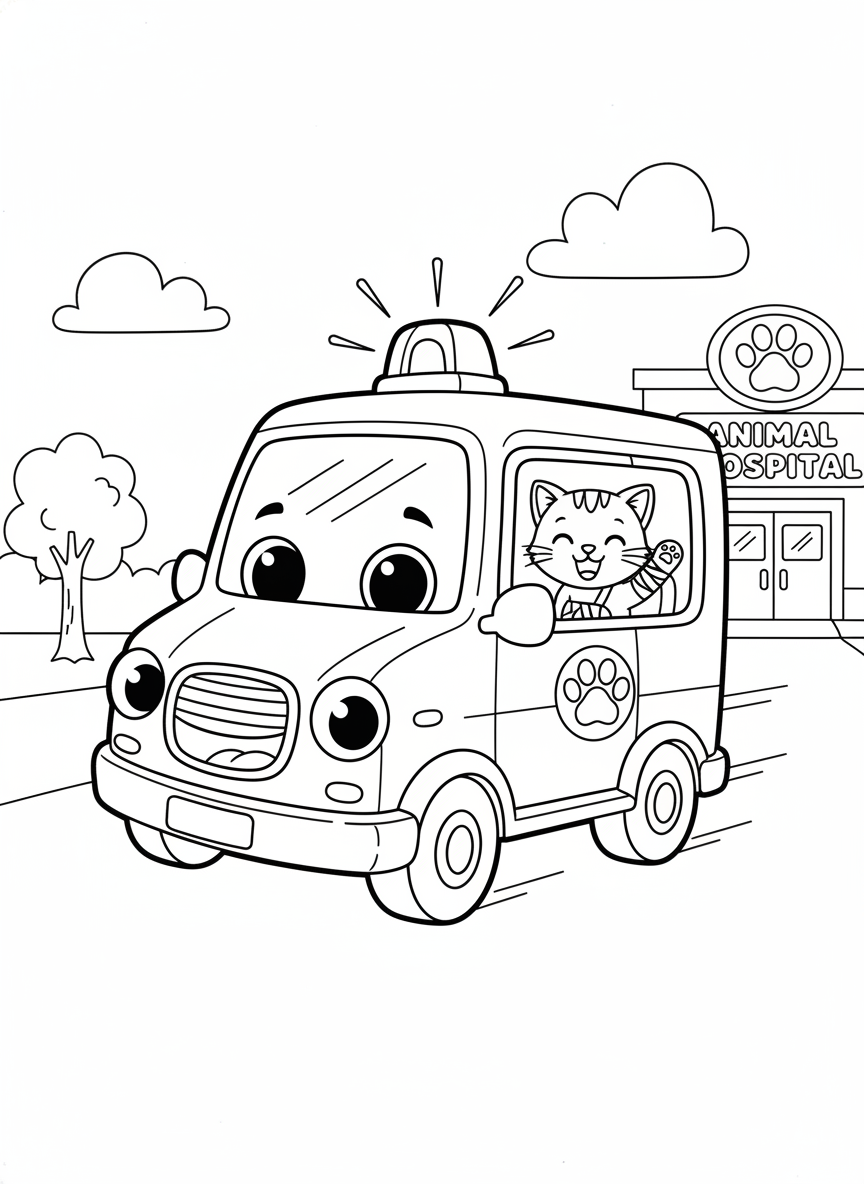 Cute Animal Ambulance Coloring Page for Kids