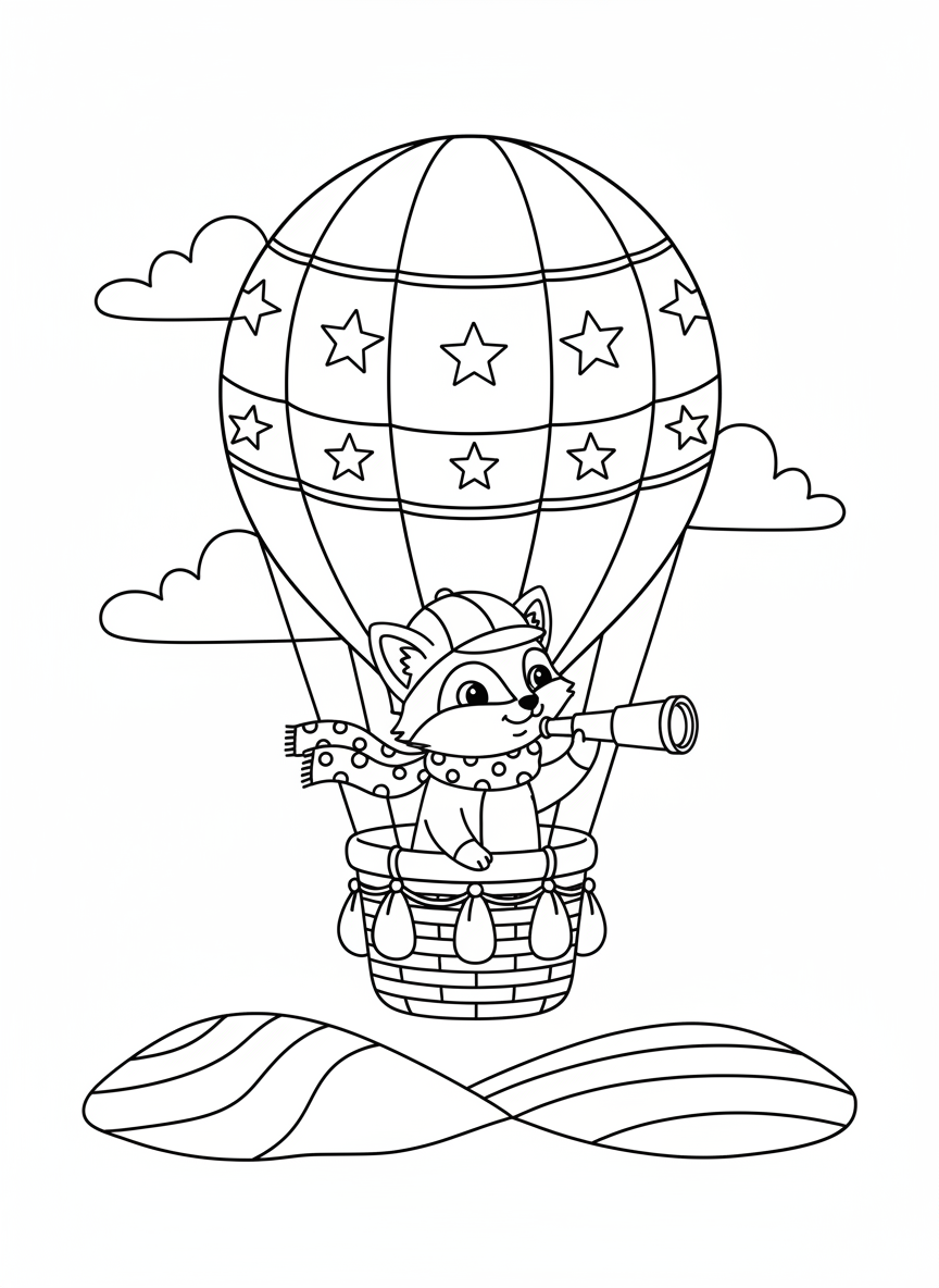 Cute Animal Hot Air Balloon Adventure Coloring Page