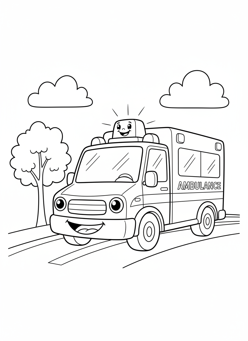 Cute Cartoon Ambulance Coloring Page for Kids