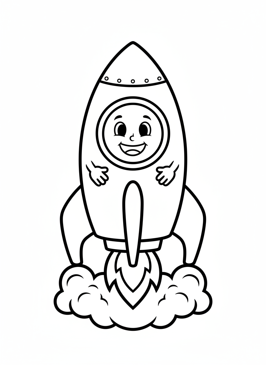 Cute Cartoon Rocket Ready for Launch Coloring Page for Kids