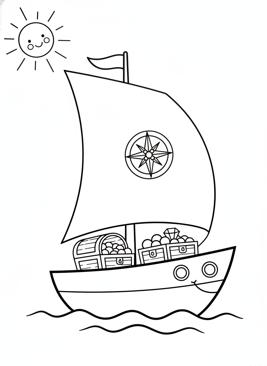 Cute Cartoon Sailboat Adventure Coloring Page for Easy Coloring