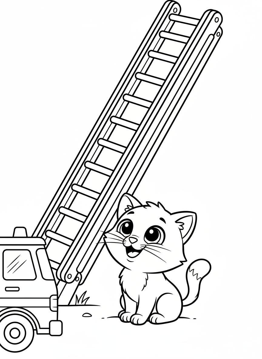 Cute Cat & Fire Truck Ladder Coloring Page