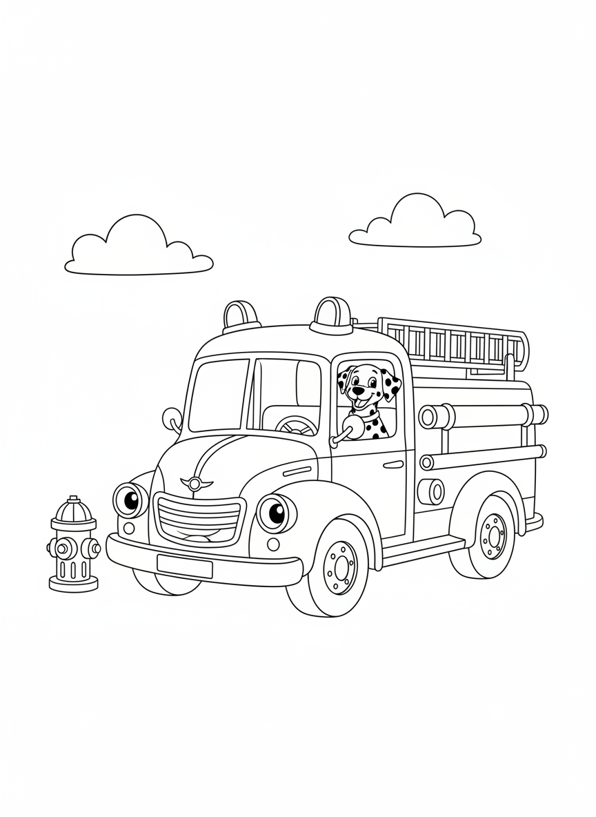 可愛消防車與大麥町狗狗著色頁