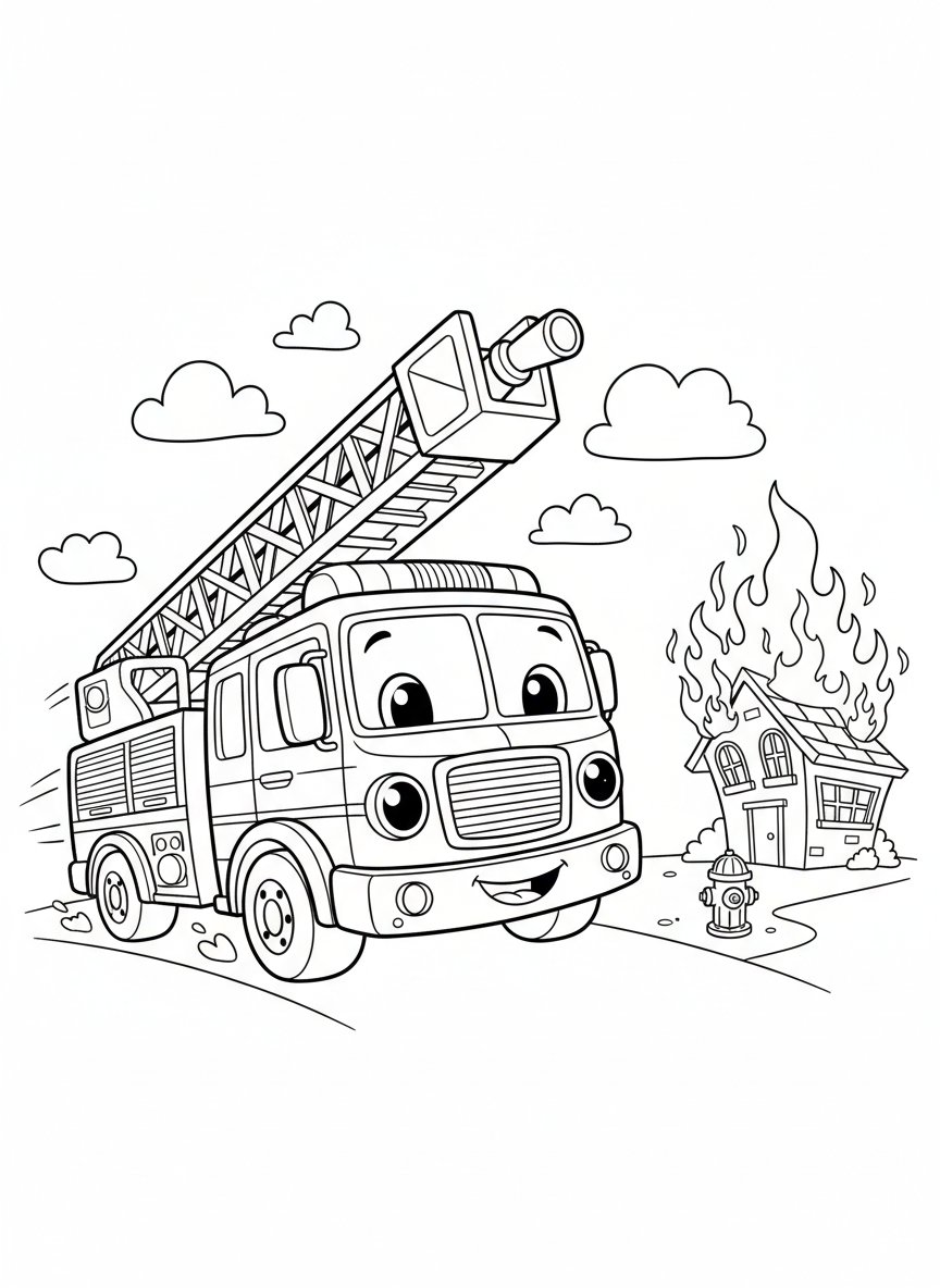 可愛消防車救援著色頁