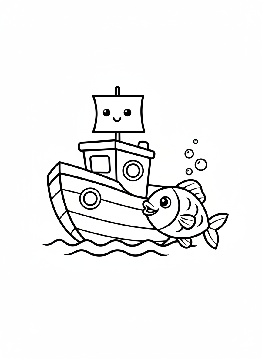 Cute Fisherman's Boat with Jumping Fish Coloring Page