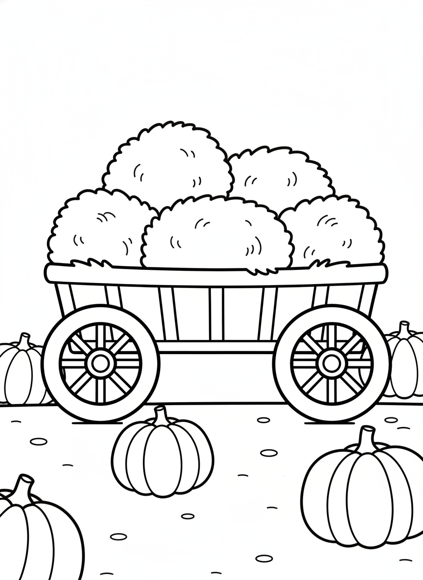 Cute Hay Cart & Pumpkins Coloring Page for Kids: Simple Farm Fun