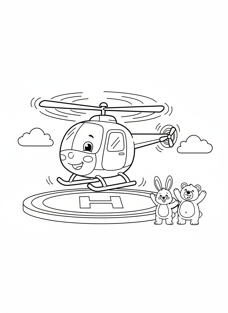 Cute Helicopter Landing with Waving Animals