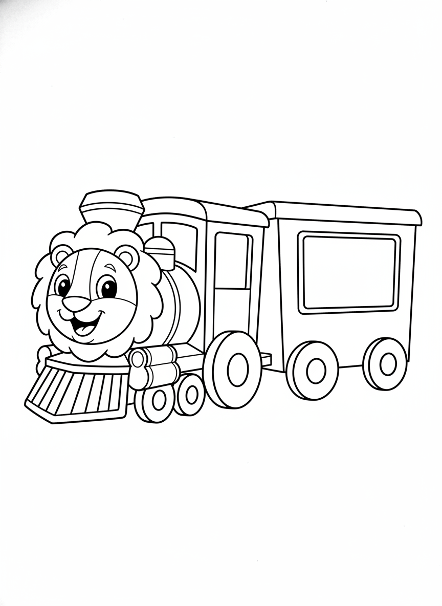 Cute Lion Train Coloring Page for Kids