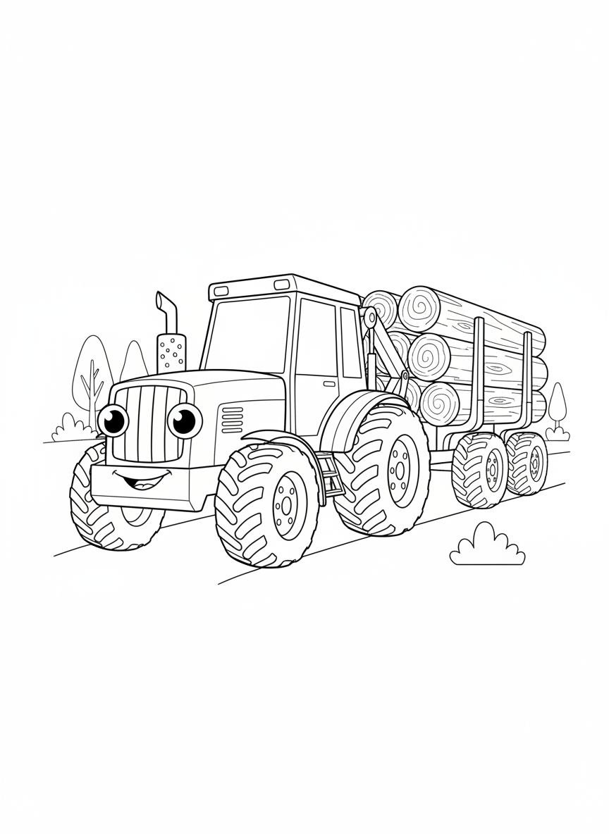 Cute Logging Tractor Fun Coloring Page for Kids