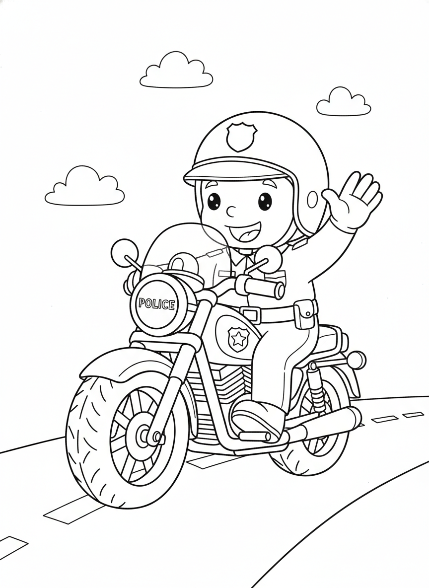 Cute Police Motorcycle & Waving Officer Coloring Page for Kids