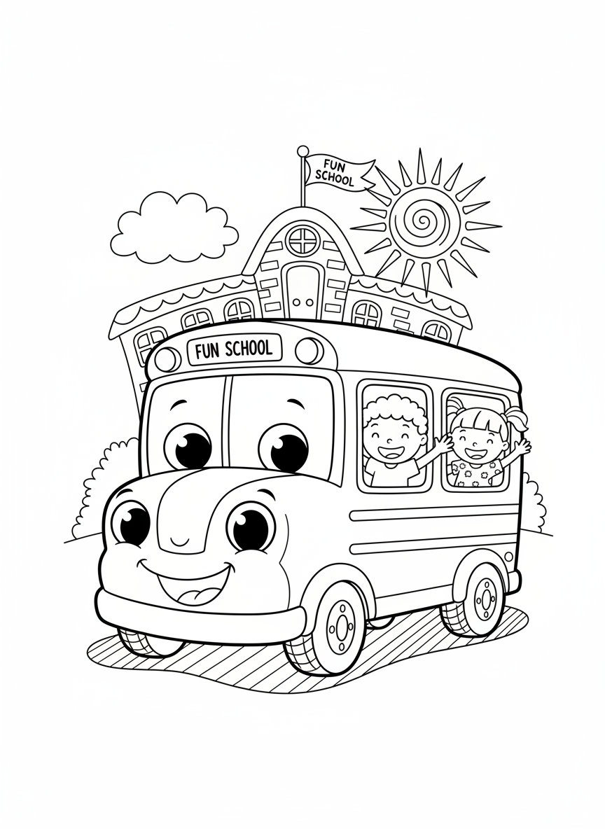 Cute School Bus & Happy Kids Coloring Page