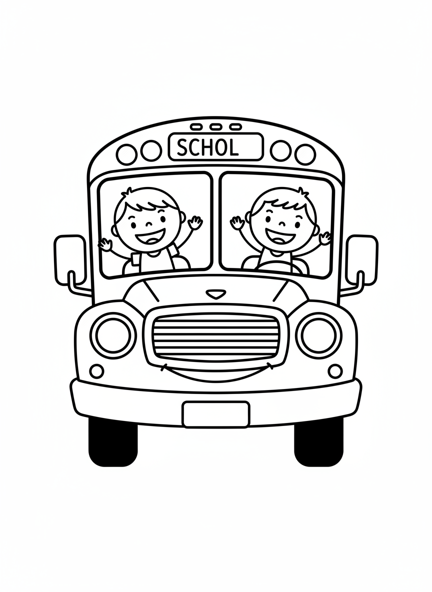 Cute School Bus & Waving Kids Coloring Page