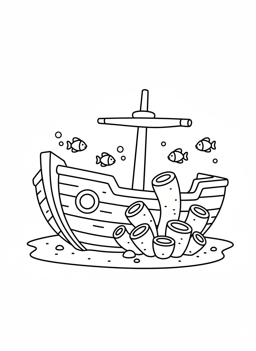 Cute Shipwreck & Coral Coloring Page