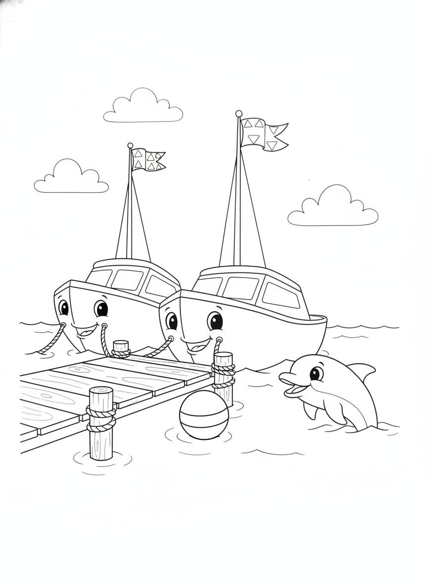 Delightful Yacht Marina & Dolphin Kids Coloring Page