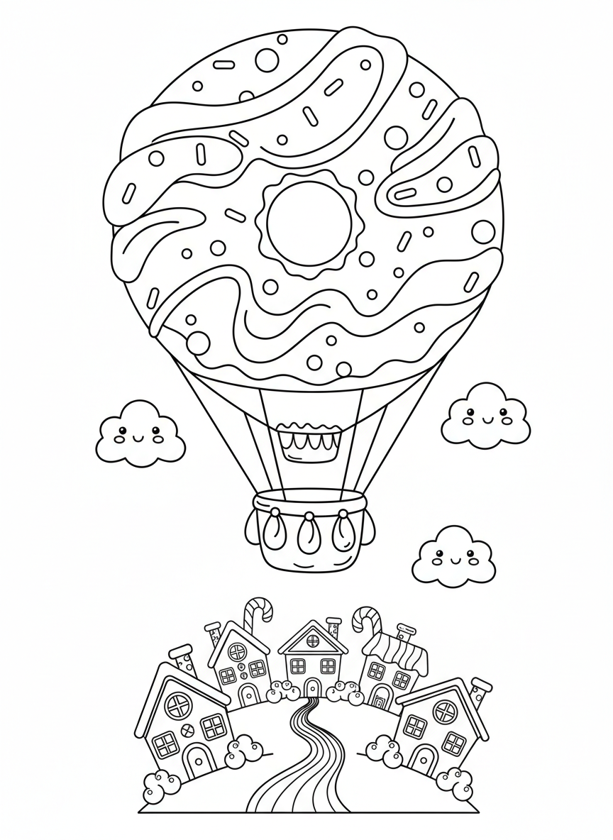 Donut Hot Air Balloon Over Sweet Town