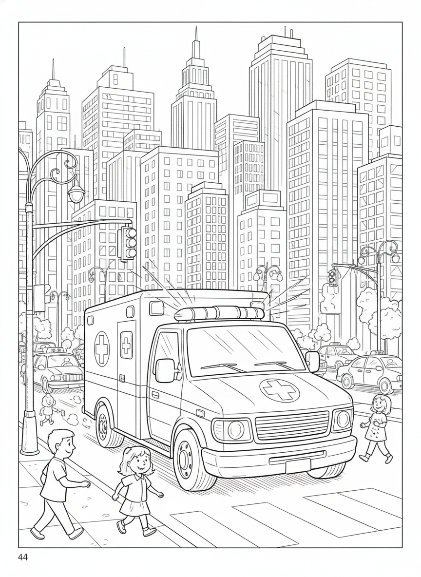 Dynamic City Rescue: Ambulance Coloring Page for Kids