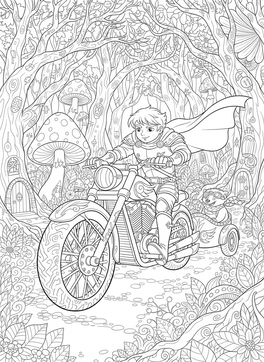 Epic Motorcycle Adventure in Enchanted Forest Coloring Page