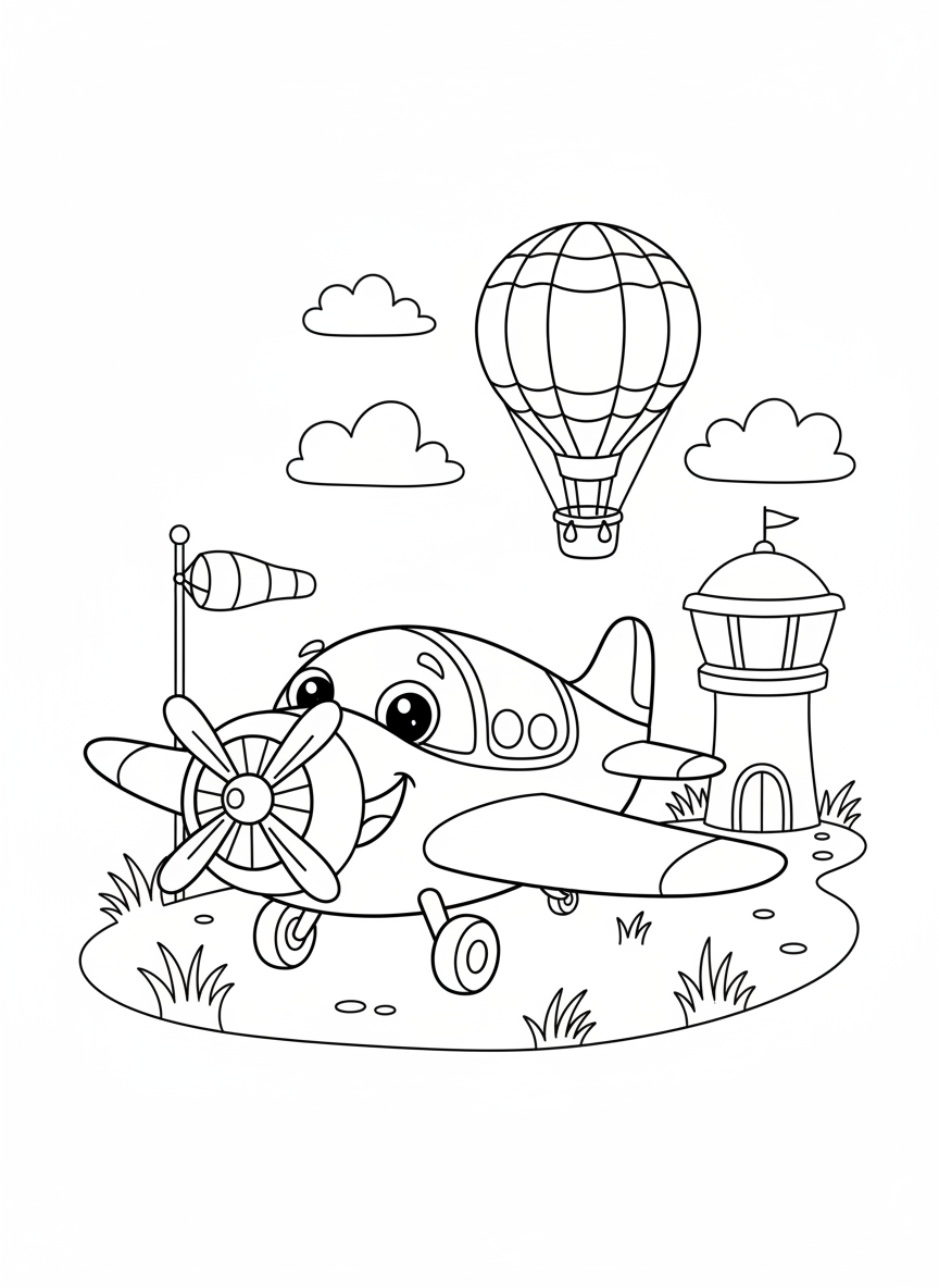 Friendly Airplane & Hot Air Balloon Coloring Page for Kids