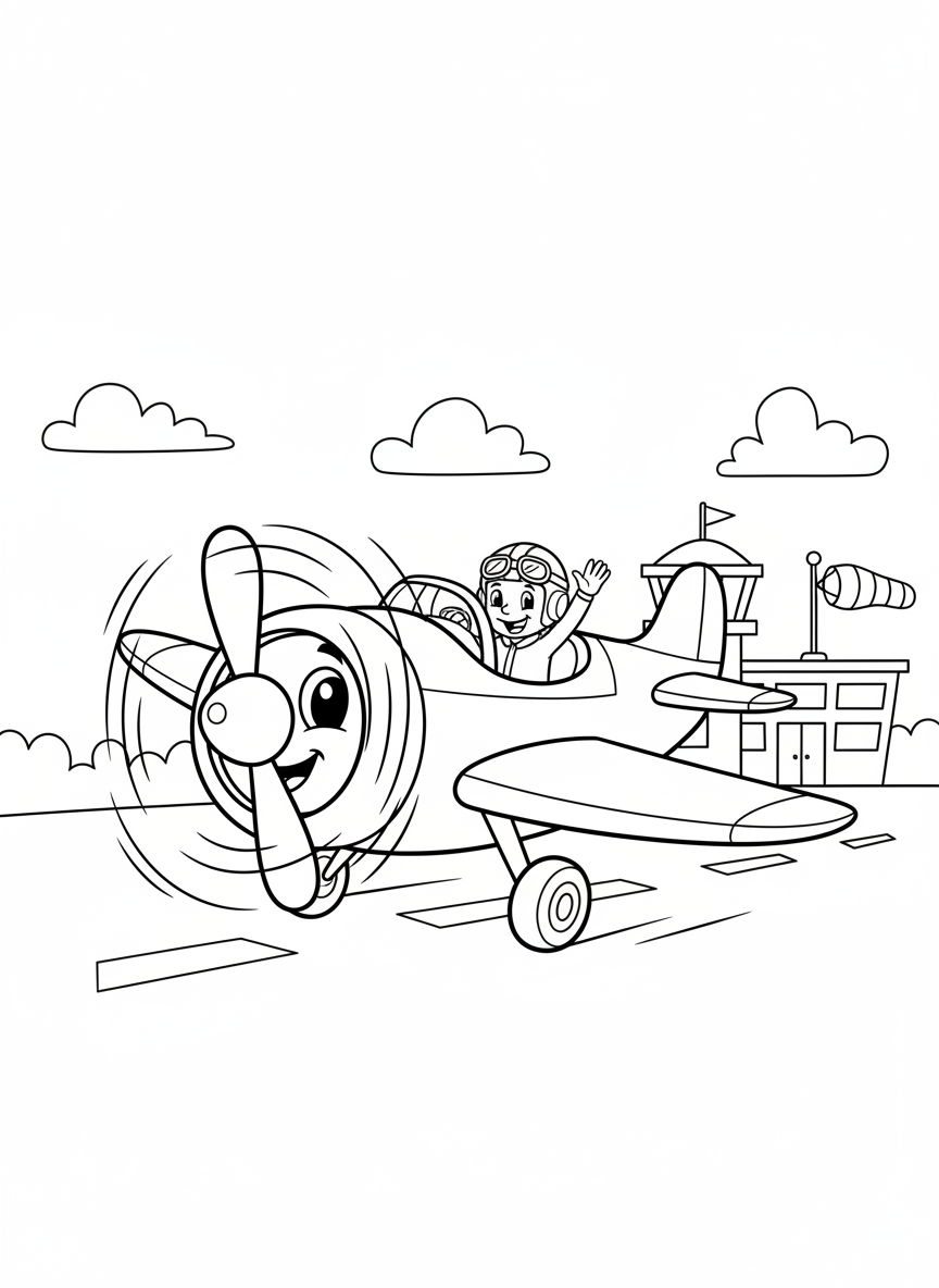 Friendly Airplane Taking Off Coloring Page for Kids