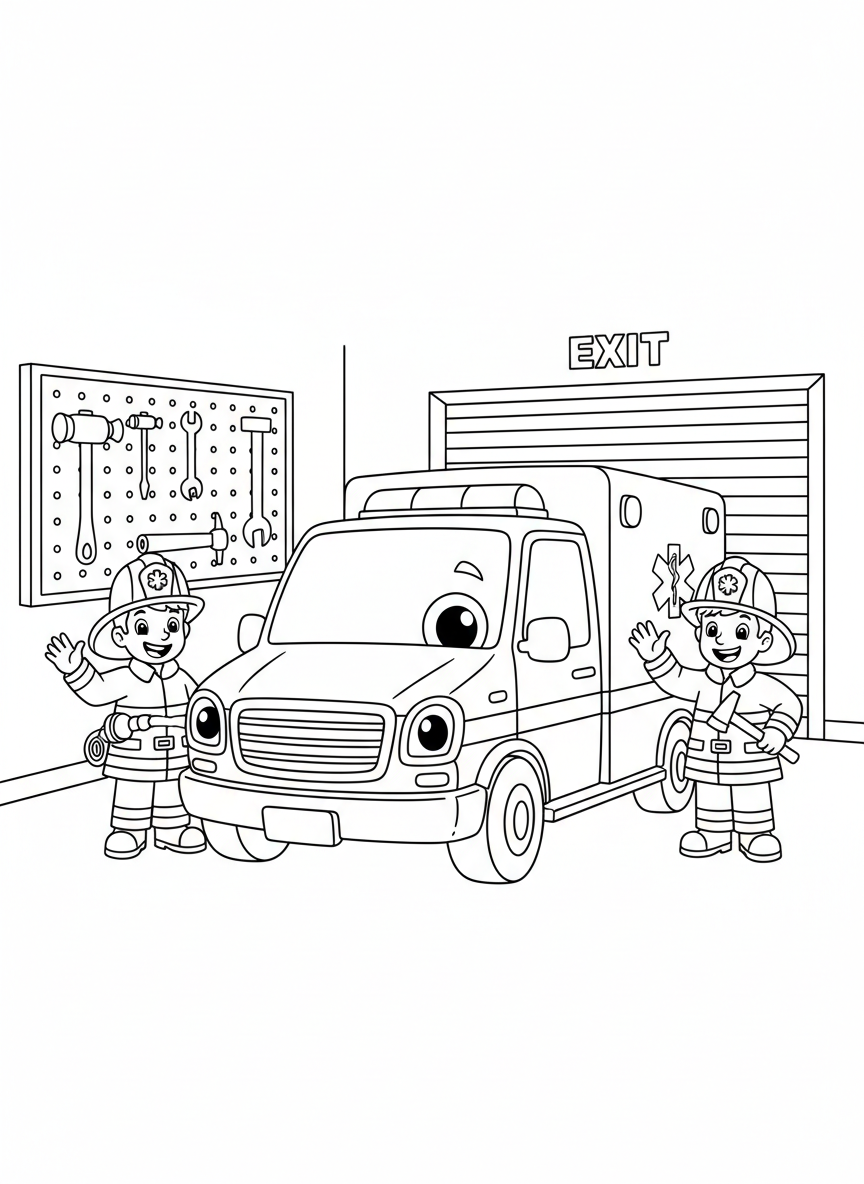 Friendly Ambulance & Firefighters Coloring Page