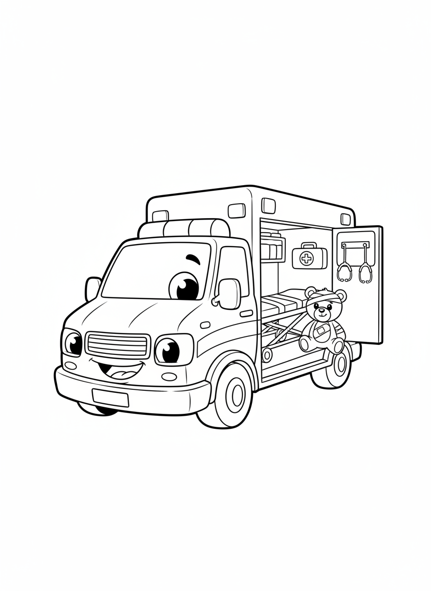 Friendly Ambulance & Teddy Bear Coloring Page
