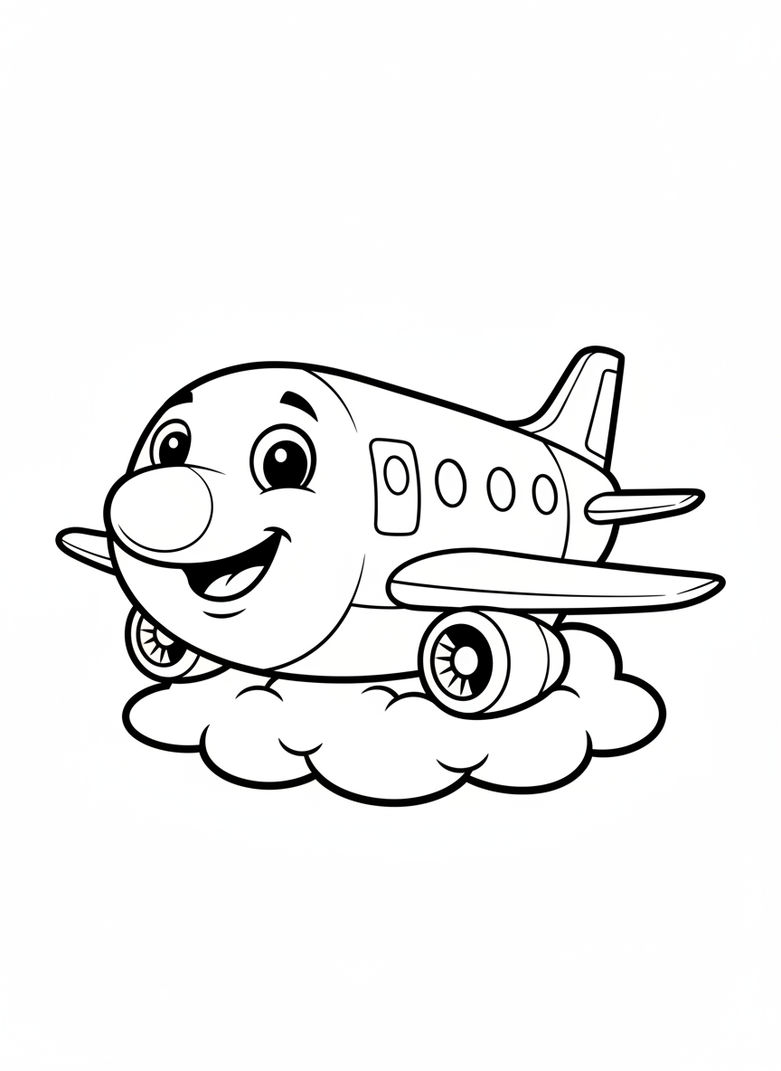 Friendly Cartoon Jet on a Cloud Coloring Page